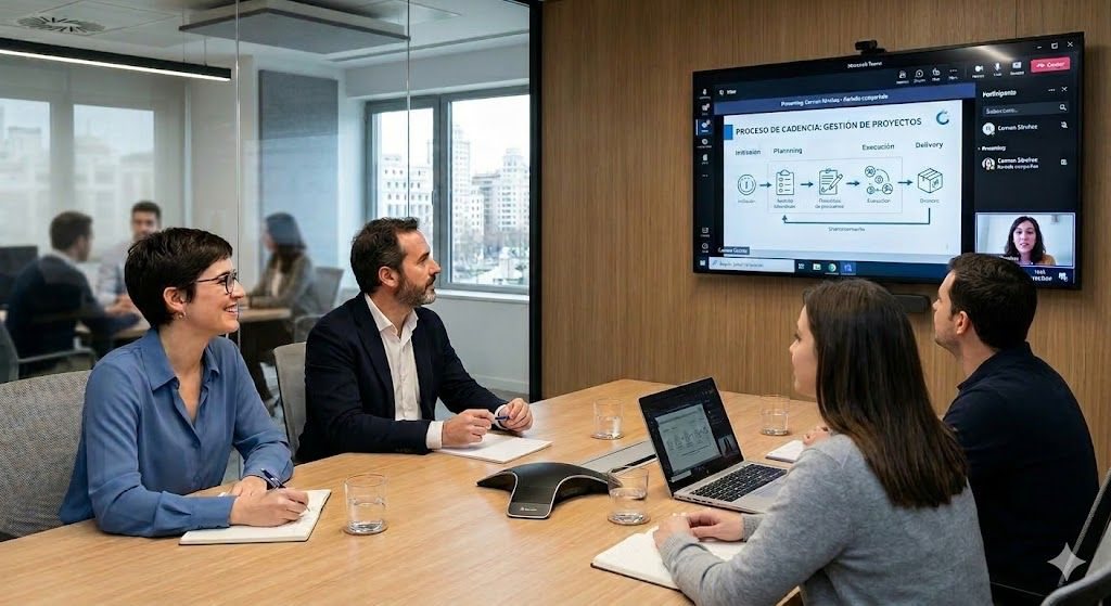 Sesión de trabajo con un equipo en sala, revisando en pantalla compartida el mapa de un proceso interno